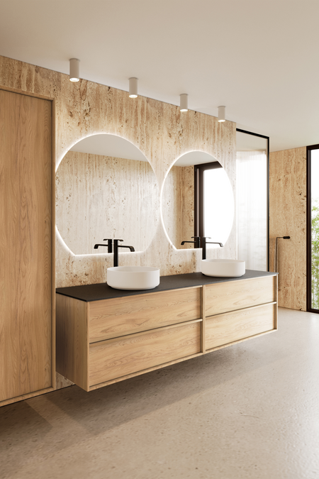 Double cabinet with two round countertop basins Casa H11