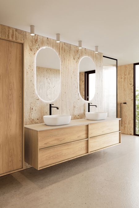 Dubbel badrumsmöbel med bänkskiva och två ovala ovanpåliggande tvättställ Casa H15