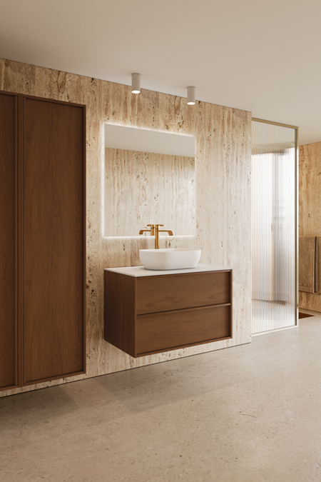 Badrumsmöbel med bänkskiva och ovalt, ovanpåliggande tvättställ Casa H12