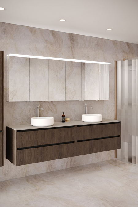 Dubbel badrumsmöbel med bänkskiva och två runda ovanpåliggande tvättställ Classic K06