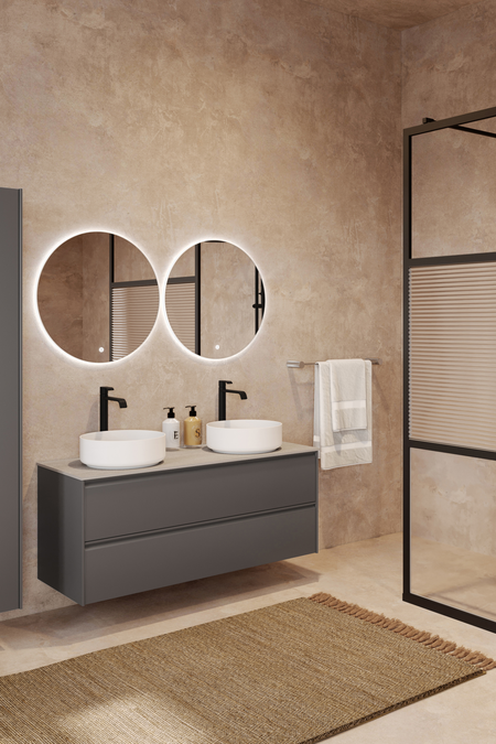 Badrumsmöbel med bänkskiva och två runda, ovanpåliggande tvättställ Luna L10