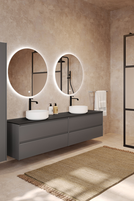 Dubbel badrumsmöbel med bänkskiva och två runda ovanpåliggande tvättställ LunaL11