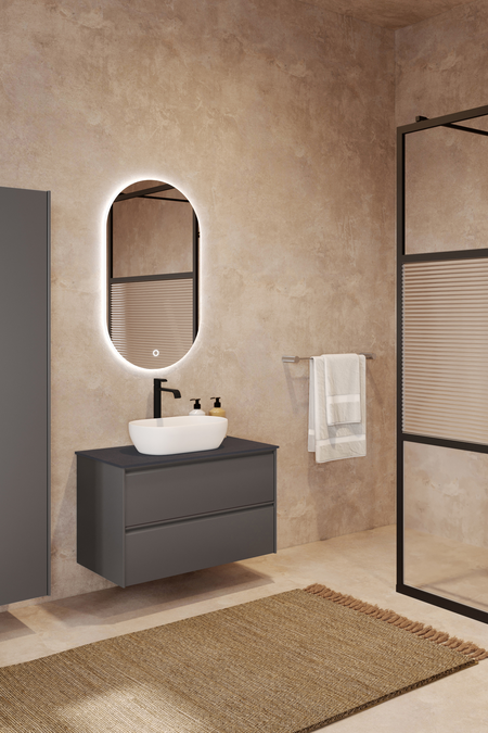 Badrumsmöbel med bänkskiva och ovalt, ovanpåliggande tvättställ Luna L12