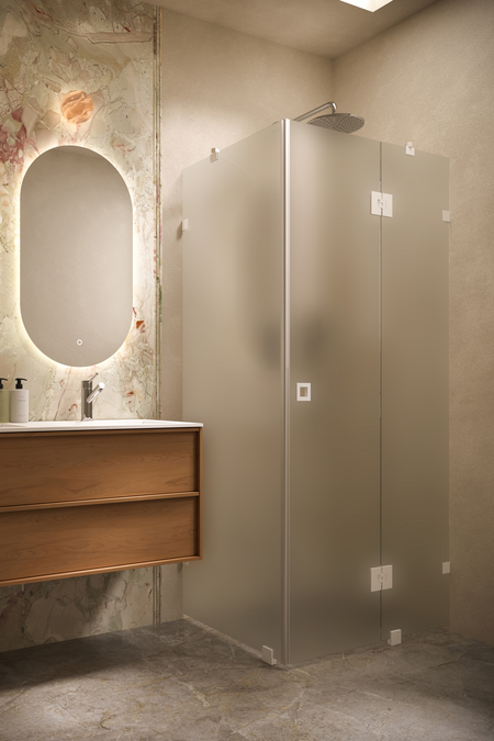 Shower enclosure with a fixed wall and a hinged door with a fixed part Vetro 542 (511x514)