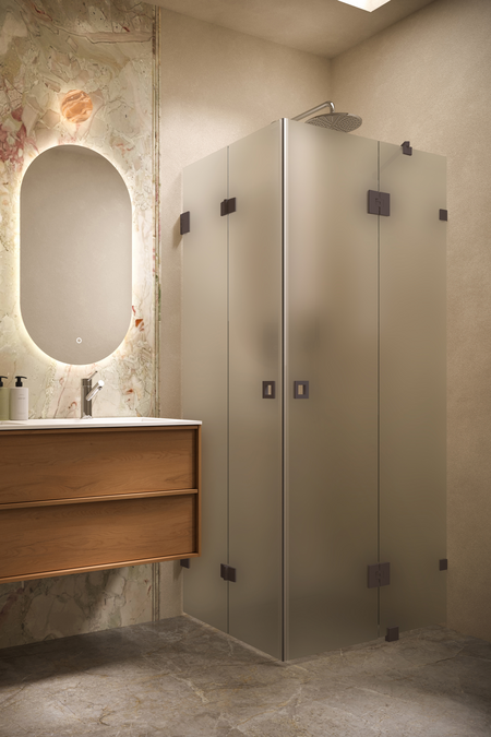 Shower enclosure with a folding door and a hinged door with a fixed part Vetro 547 (513x514)