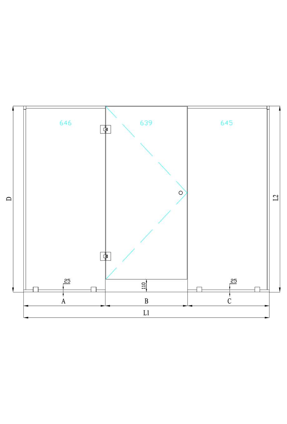 Sauna glass wall with fixed panel on handle side and hinge side - Vetro S47  - Hietakari